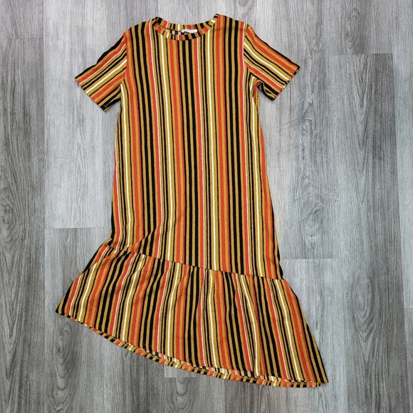 Zara| Dress Striped Crepe Asymmetric Hem Short Sleeves - Picture 1 of 9
